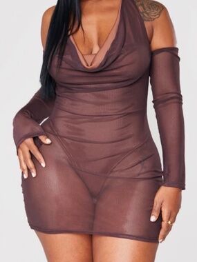 Shape Chocolate Brown Mesh Cowl Neck Bodysuit